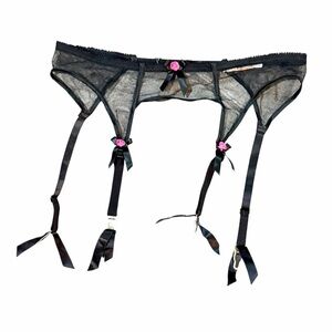 Jezebel Black Mesh Garter Belt with Pink Rose Detail Sz PS NWOT Retail $24.95